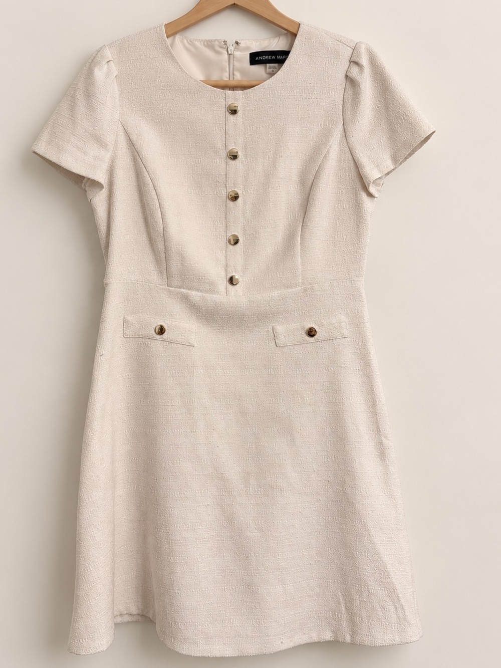 Andrew Marc Ivory Textured Gold Button Fit & Flare Dress Size 12